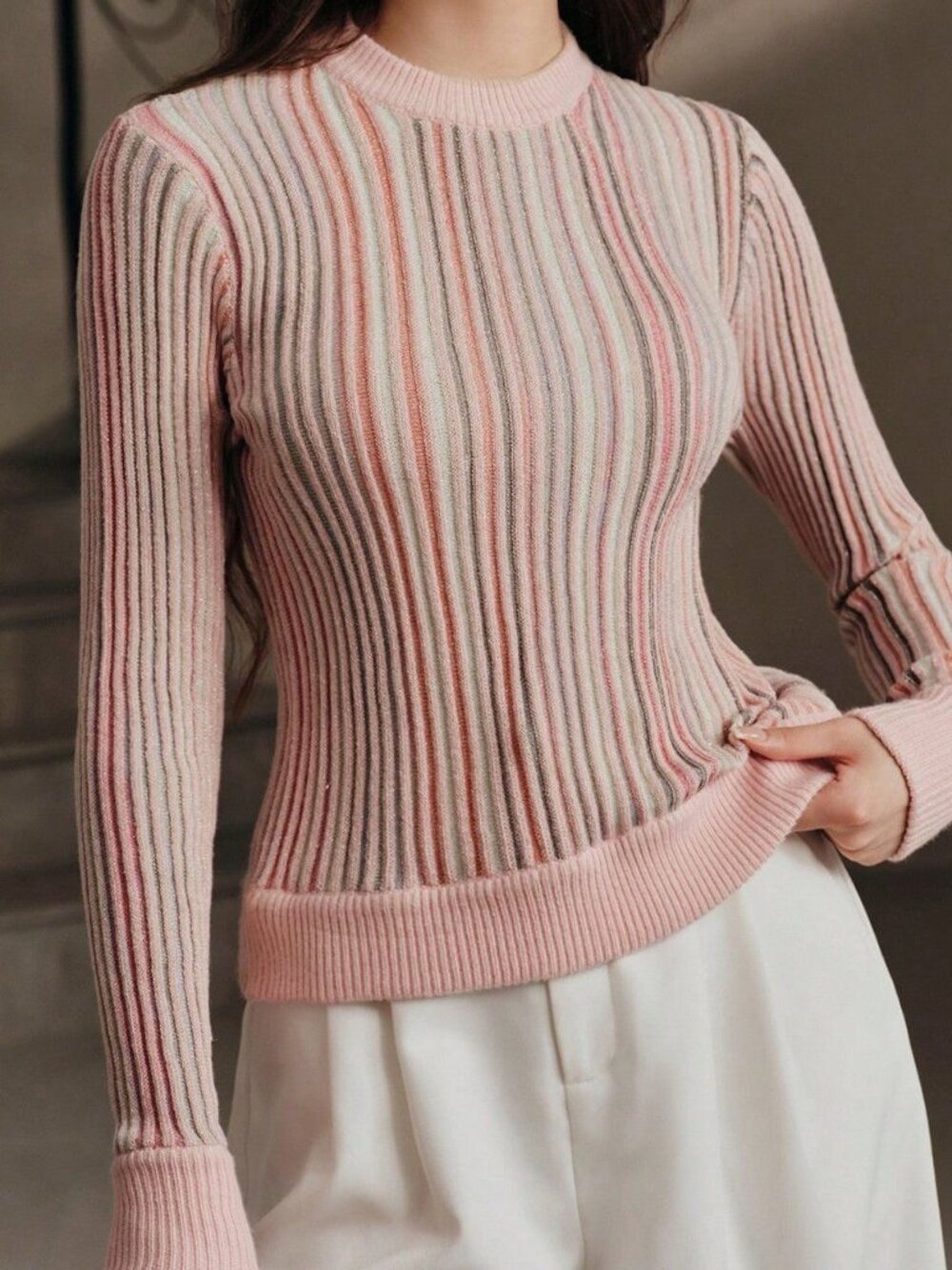 Pink Casual Women's Colorful Striped Crew Neck Long Sleeve Top